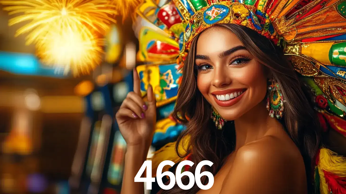 Mulher sorridente com um cocar de carnaval vibrante e colorido, celebrando uma grande vitória nos jogos do cassino 4666 com fogos de artifício ao fundo.