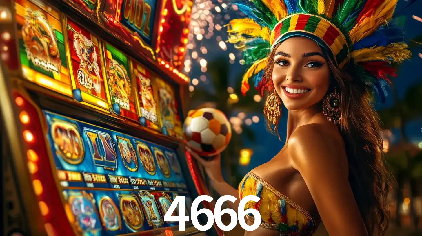 Mulher com um cocar de carnaval ao lado de uma máquina de caça-níqueis enquanto segura uma bola de futebol, mostrando a união da diversão de cassino e esportes no 4666.