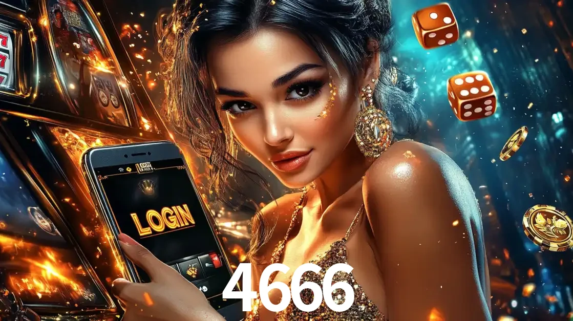 Mulher glamourosa segurando um celular com a tela de login do cassino 4666, rodeada por dados e moedas douradas, pronta para começar a diversão.