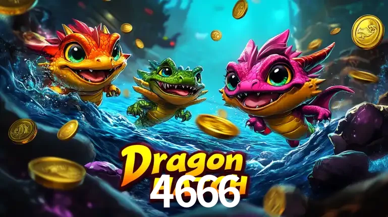 Arte promocional do jogo Dragon Hatch com três adoráveis dragões bebês nadando entre moedas de ouro, um dos slots mais divertidos para jogar no cassino 4666.