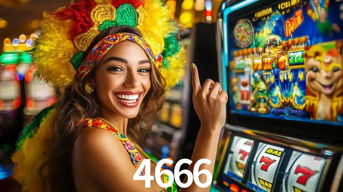 Mulher animada com um cocar de carnaval apontando para uma máquina de caça-níqueis, mostrando a emoção de ganhar um grande prêmio nos jogos do 4666.