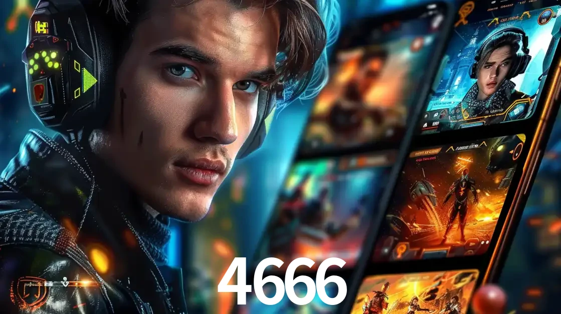 Jovem jogador com fones de ouvido olhando para a câmera, com um aplicativo de jogos e e-sports para celular ao fundo, pronto para a competição e apostas no 4666.