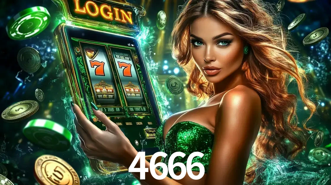 Mulher com tema verde apresentando o aplicativo do cassino 4666 com um jogo de slot de 777, cercada por fichas de cassino e uma aura de sorte.