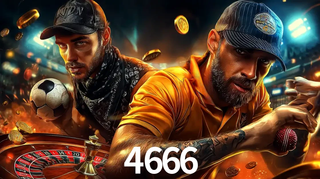 Montagem de apostas esportivas e cassino no 4666, com um homem segurando uma bola de futebol e outro uma de beisebol sobre uma roleta e moedas voadoras.