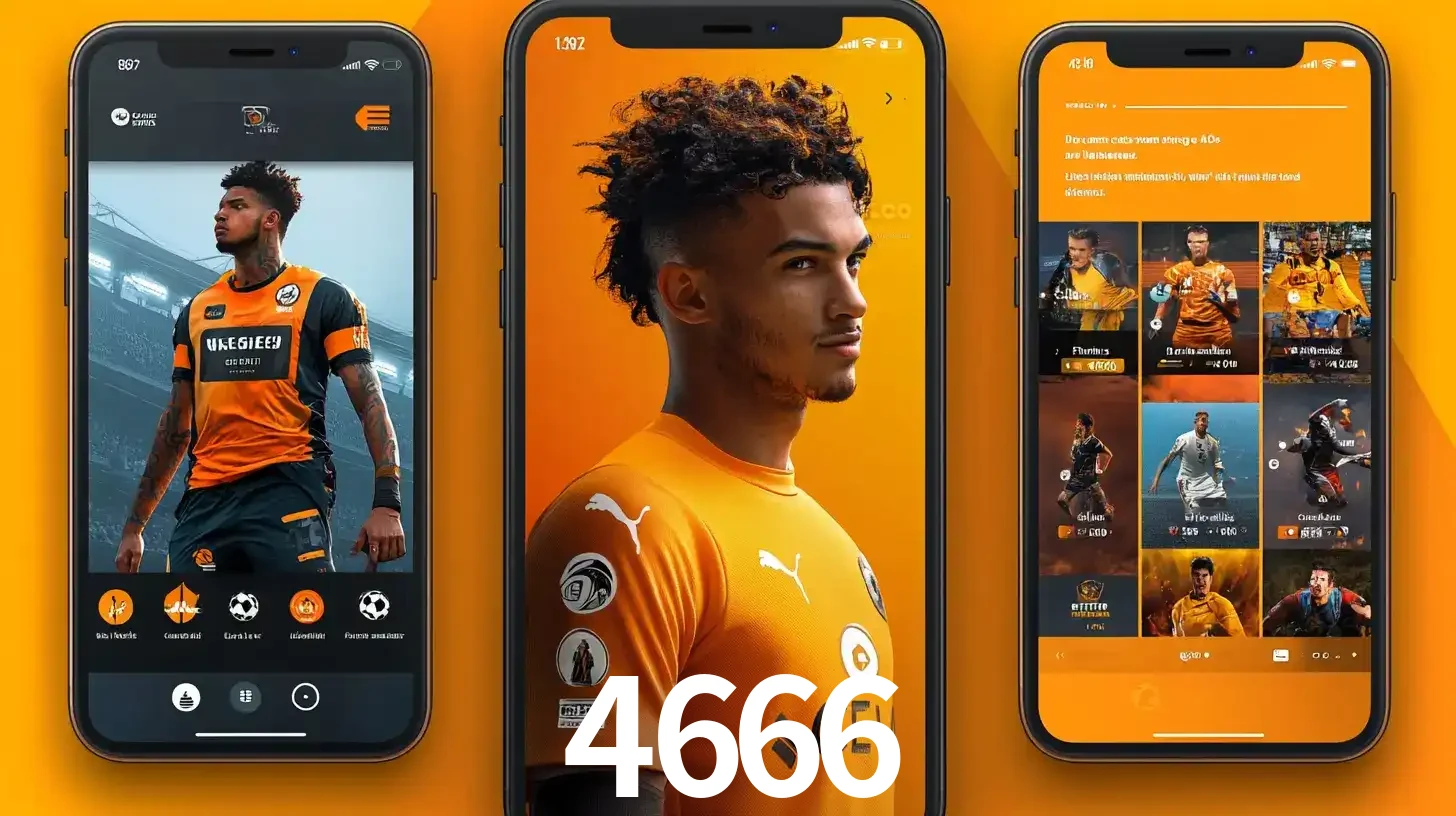Interface do aplicativo de apostas esportivas 4666 em três telas de celular, mostrando o perfil de um jogador de futebol e a lista de jogos disponíveis para apostar.