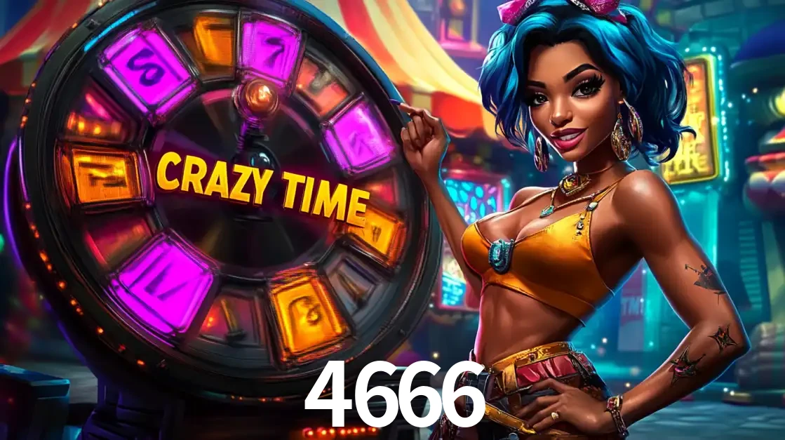Mulher estilizada com cabelo azul e visual vibrante posando ao lado da roda de prêmios do game show Crazy Time, convidando para a diversão e os bônus do cassino 4666.