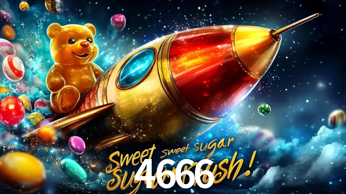 Arte promocional do jogo de slot Sugar Rush, com um urso de pelúcia em um foguete viajando pelo espaço de doces, um dos jogos divertidos disponíveis no cassino 4666.