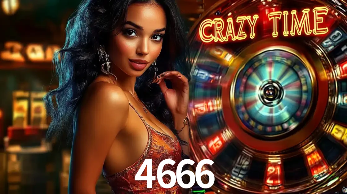 Mulher elegante ao lado da vibrante roda da fortuna do jogo de cassino ao vivo Crazy Time, um dos game shows mais populares e cheios de prêmios do 4666.