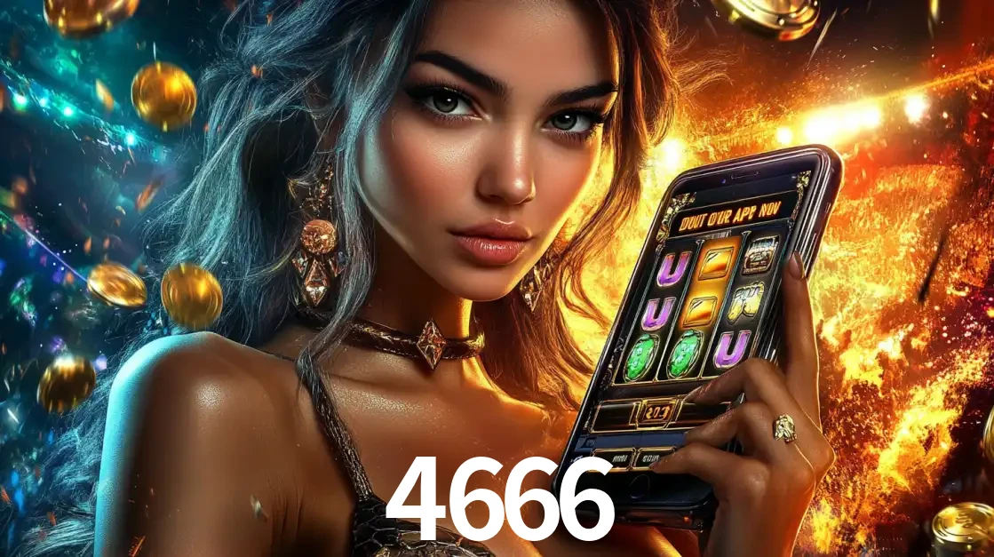 Mulher elegante mostrando um jogo de caça-níqueis em seu smartphone, destacando a experiência de cassino móvel oferecida pelo aplicativo 4666.