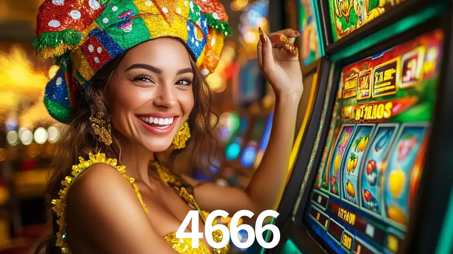 Mulher feliz com traje de carnaval amarelo e colorido ao lado de uma máquina de caça-níqueis, aproveitando a diversão e os jogos temáticos do cassino 4666.