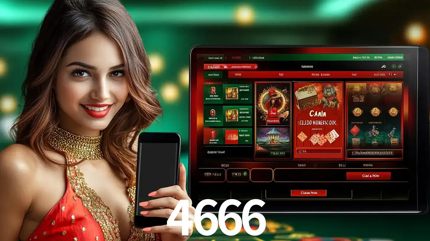 Mulher sorridente segurando um smartphone, ao lado de uma tela exibindo o lobby de jogos do cassino online 4666, com várias opções de jogos de cartas e slots.